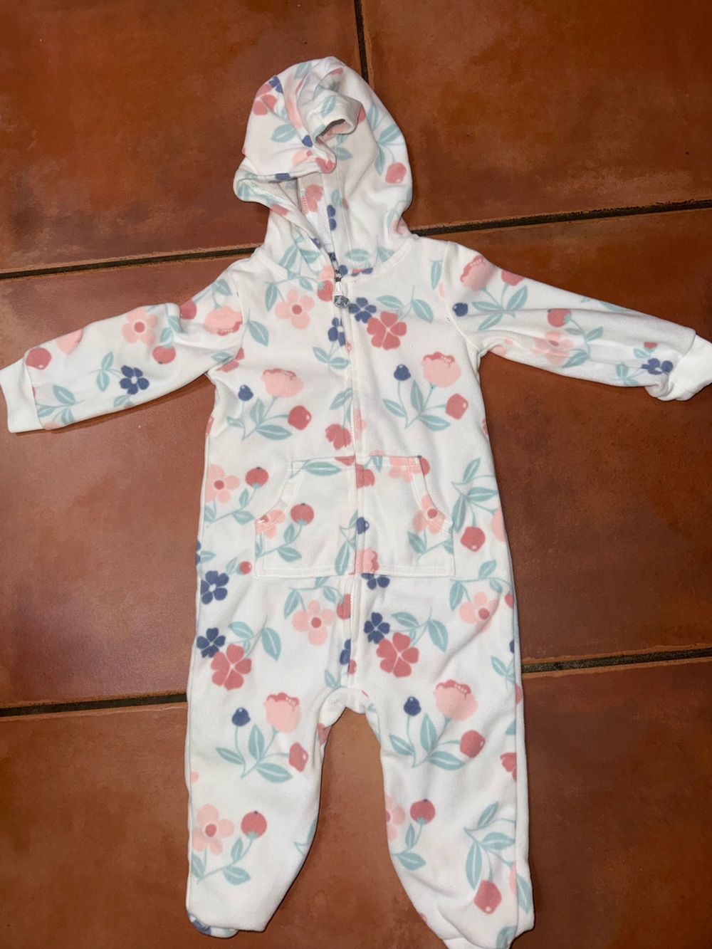 Carter's White Floral Fleece Footless Romper - Pink & Blue Accents